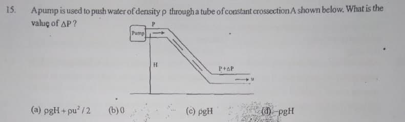 Apump is used to push water of density p through a tube of constant crossection A shown below. What is the
valuç of AP ?
15.
Pump
P+AP
(a) pgH +pu? /2
(b) 0
(c) pgH
()-pgH
