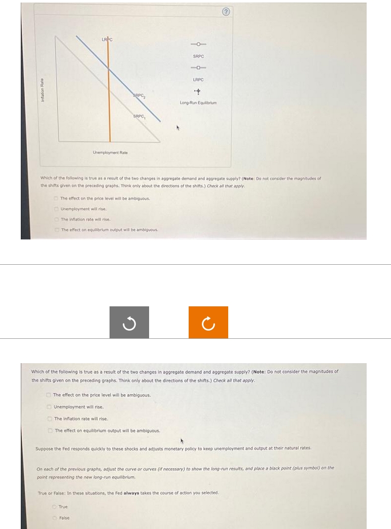 LRPC
SRPC
LRPC
RPC,
Long-Run Equilbrium
SRPC,
Unemployment Rate
Which of the following is true as a result of the two changes in aggregate demand and aggregate supply? (Note: Do not consider the magnitudes of
the shifts given on the preceding graphs. Think only about the directions of the shifts.) Check all that apply.
O The effect on the price level will be ambiguouUs.
Unemployment will rise.
The infiation rate will rise.
O The effect on equilibrium output will be ambiguous.
Which of the following is true as a result of the two changes in aggregate demand and aggregate supply? (Note: Do not consider the magnitudes of
the shifts given on the preceding graphs. Think only about the directions of the shifts.) Check all that apply.
O The effect on the price level will be ambiguous.
O Unemployment will rise.
O The inflation rate will rise.
O The effect on equilibrium output will be ambiguous.
Suppose the Fed responds quickly to these shocks and adjusts monetary policy to keep unemployment and output at their natural rates.
On each of the previous graphs, adjust the curve or curves (if necessary) to show the long-run results, and place a black polnt (plus symbol) on the
point representing the new long-run equilibrium.
True or False: In these situations, the Fed always takes the course of action you selected.
O True
O False

