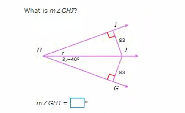 What is mZGHJ?
H
y
3y-40°
m/GHJ =
O
I
83
J
83
G