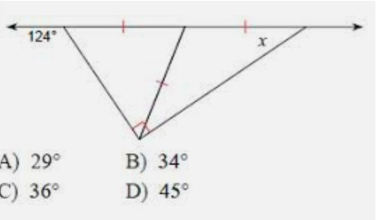 124°
A) 29°
C) 36°
B) 34°
D) 45°
X