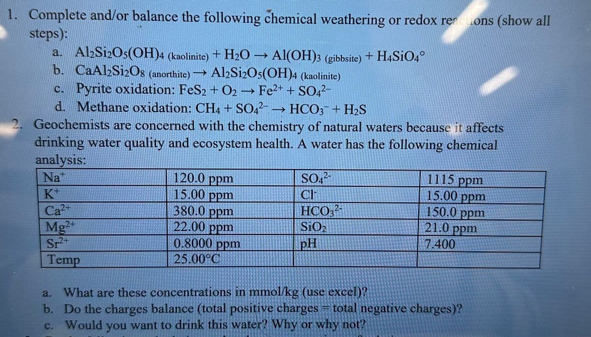 1. Complete and/or balance the following chemical weathering or redox reactions (show all
steps):
a. Al2Si2O5(OH)4 (kaolinite) + H₂O Al(OH)3 (gibbsite) + H4SiO4°
b. CaAl2Si208 (anorthite)→→ Al2Si2O5(OH)4 (kaolinite)
c. Pyrite oxidation: FeS2 + O2 → Fe²+ + SO4²-
d. Methane oxidation: CH4 + SO42→ HCO3 + H₂S
20
2. Geochemists are concerned with the chemistry of natural waters because it affects
drinking water quality and ecosystem health. A water has the following chemical
analysis:
Nat
K+
Ca2+
Mg2+
Sr²+
Temp
120.0 ppm
15.00 ppm
380.0 ppm
22.00 ppm
0.8000 ppm
25.00°C
SO42-
CI
HCO32-
SiO₂
pH
1115 ppm
15.00 ppm
150.0 ppm
21.0 ppm
7.400
What are these concentrations in mmol/kg (use excel)?
b. Do the charges balance (total positive charges = total negative charges)?
c. Would you want to drink this water? Why or why not?