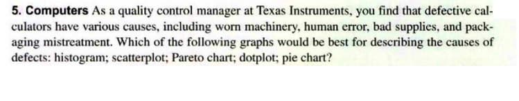 5. Computers As a quality control manager at Texas Instruments, you find that defective cal-
culators have various causes, including worn machinery, human error, bad supplies, and pack-
aging mistreatment. Which of the following graphs would be best for describing the causes of
defects: histogram; scatterplot; Pareto chart; dotplot; pie chart?
