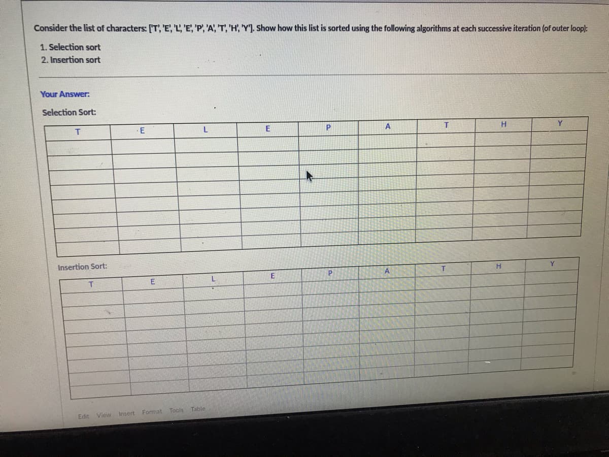 Consider the list of characters: [T', 'E, 'L, 'E, 'P', 'A', T, 'H, Y]. Show how this list is sorted using the following algorithms at each successive iteration (of outer loop):
1. Selection sort
2. Insertion sort
Your Answer:
Selection Sort:
L
A
H
Y
Insertion Sort:
Y
E
Tools Table
Edit View Insert Format
