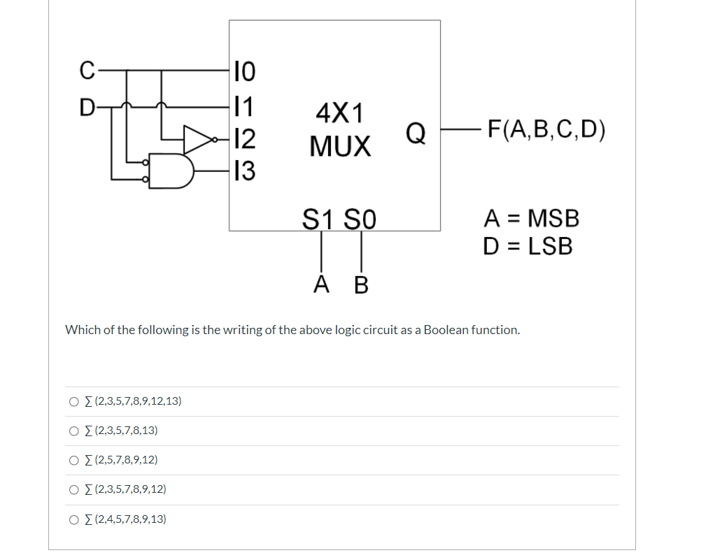 C
10
11
4X1
12
Q
MUX
F(A,B,C,D)
13
S1 SO
A = MSB
D = LSB
%3D
A B
Which of the following is the writing of the above logic circuit as a Boolean function.
O (2,3,5,7,8,9,12,13)
Ο Σ(2.3,5,7,8, 13)
Ο Σ12.5,7,8, 9, 12)
Ο Σ12.3,5,7,8,9, 12
Ο Σ124.5,7,8, 9, 13)
