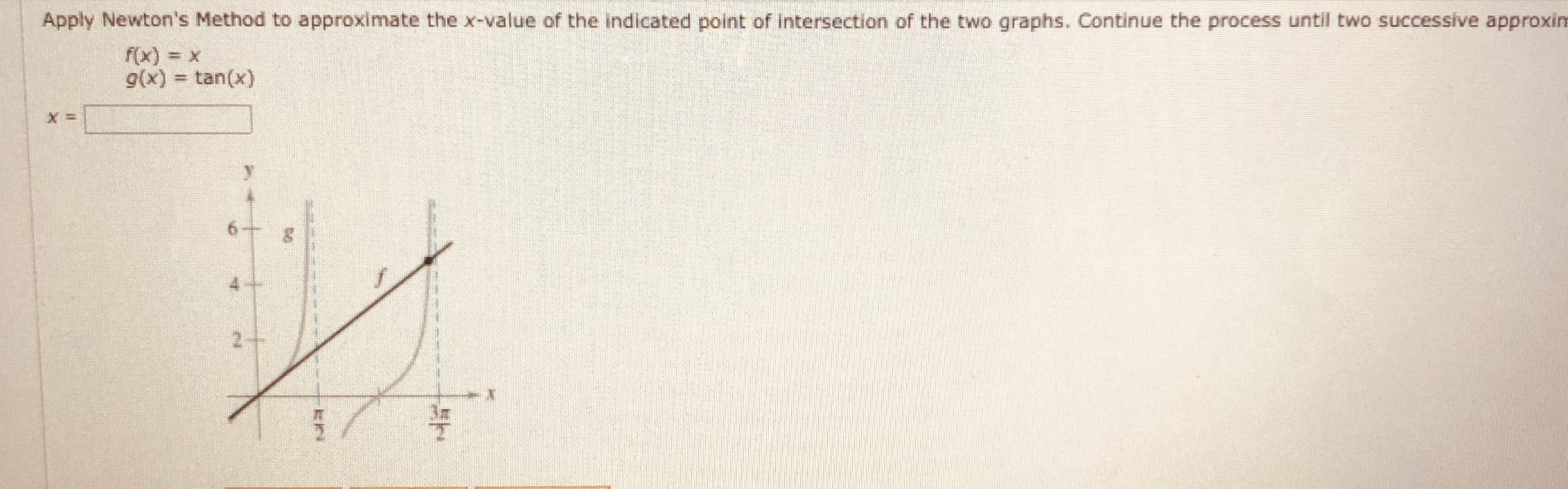 Apply Newton's Method to approximate the x-value of the indicated point of intersection of the two graphs. Continue the process until two successive approxi
f(x) = x
9(x) = tan(x)
2+
にF
