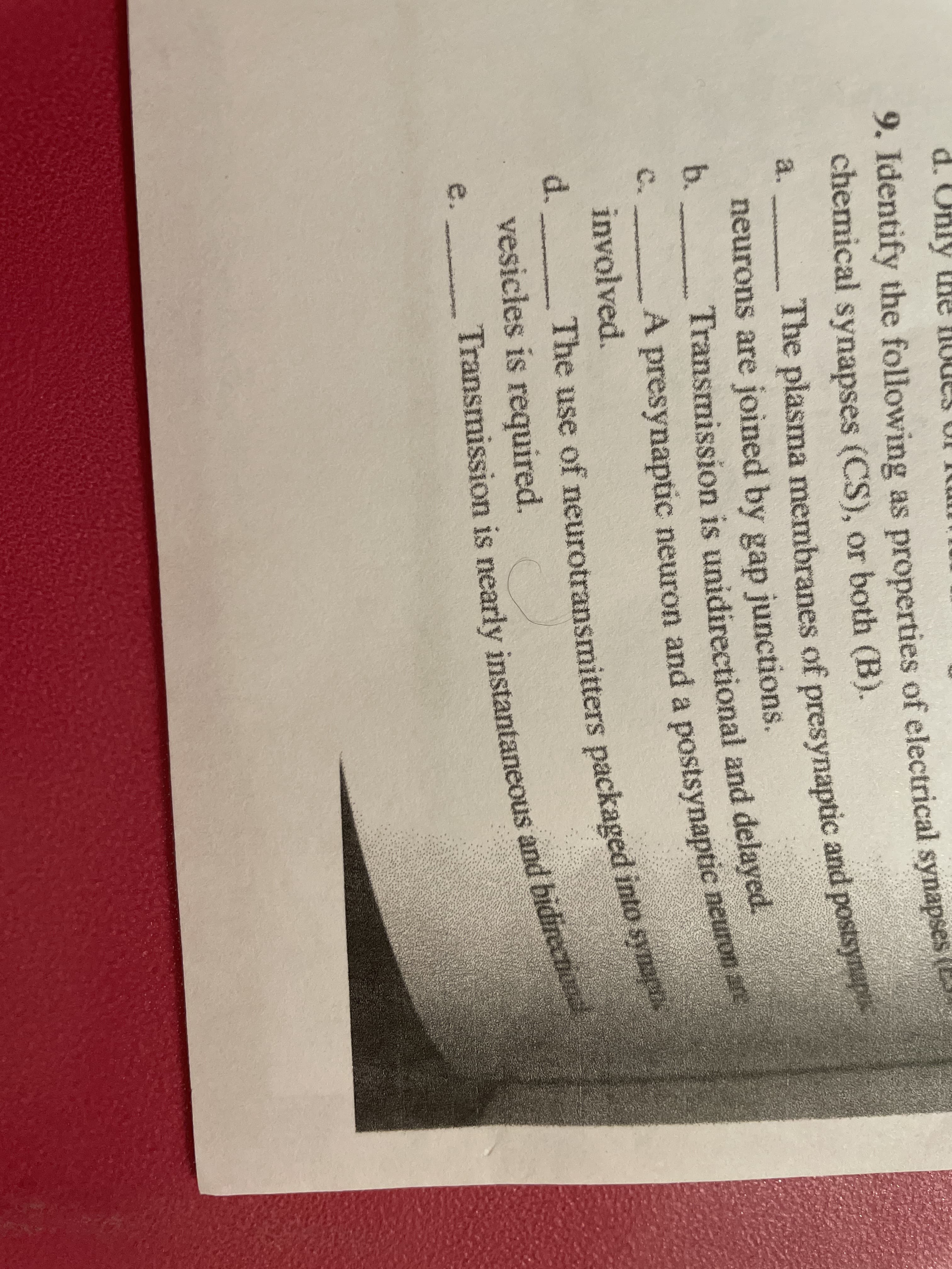 d. Only
9. Identify the following as properties of electrical synapses
chemical synapses (CS), or both (B).
a.
The plasma membranes of presynaptic and postsyna
neurons are joined by gap junctions.
b.
C.
A presynaptic neuron and a postsynaptic neuron
involved.
The use of neurotransmitters packaged into sy
vesicles is required.
e.
