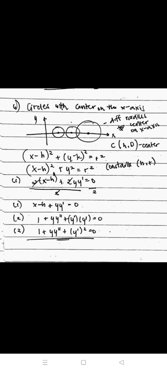 O Cirder with Center
the x-axis
on
4000
Aff radius
venter
on x-akis
c(n.D)-center
C
(x-h)² + (4k)"> p*
(x-n)* r q² = r²
c)
4 Zyy'=o
Constarlt (nit)
stx-h).
2
ci) x-h + 44'
(2)
(2)
