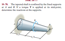 10-78. The tapered shaft is confined by the fixed supports
at A and B. If a torque T is applied at its mid-point,
determine the reactions at the supports
