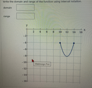 Write the domain and range of the function using interval notation.
domain
range
y
4
8
10
12
14
16
-2
9-
-8
-10
WebAssign Plot
-12
-14
-16H
00
