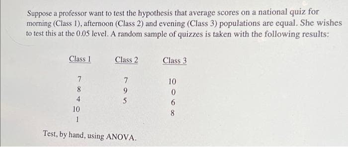 Suppose a professor want to test the hypothesis that average scores on a national quiz for
morning (Class 1), afternoon (Class 2) and evening (Class 3) populations are equal. She wishes
to test this at the 0.05 level. A random sample of quizzes is taken with the following results:
Class 1
Class 2
Class 3
7
10
8
9.
4
5
6.
10
8
1
Test, by hand, using ANOVA.
