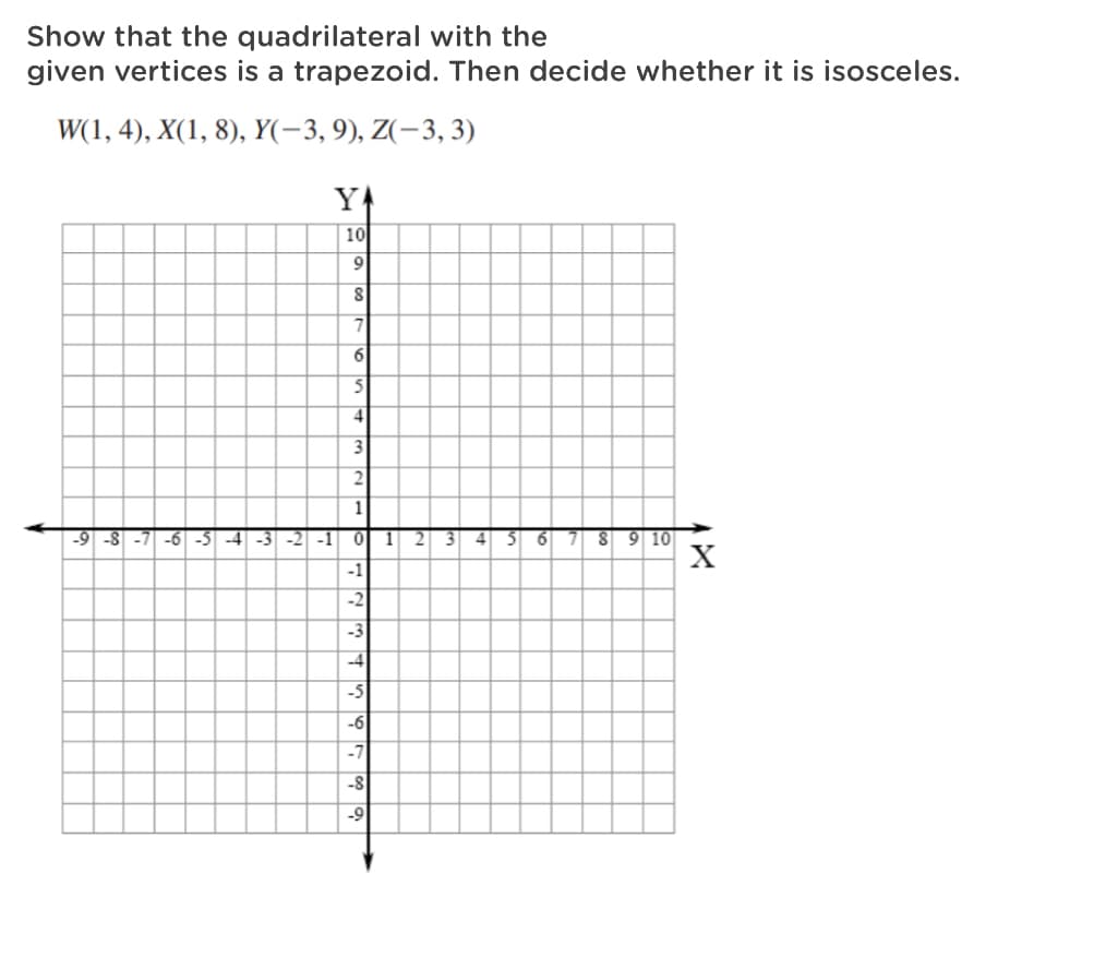 Show that the quadrilateral with the
given vertices is a trapezoid. Then decide whether it is isosceles.
W(1, 4), X(1, 8), Y(-3, 9), Z(-3, 3)
YA
10
6
3
2
1
4 5 6 7 8 9 10
X
-9 -8 -7 -6 -5 -4 -3 -2| -1
12
-1
-2
-3
-4
-5
-6
-7
-8
-9
