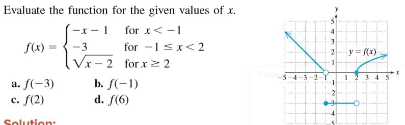 Evaluate the function for the given values of x.
x-
1
for x< -1
-
f(x)
-3
for -1 <x< 2
y = f(x)
2
2 for x > 2
1
Snipps-4-3-2
1 2 3 4 5
a. f(-3)
c. f(2)
b. f(-1)
d. f(6)
Soli
2.
2.
