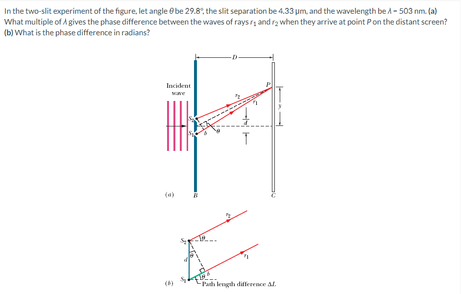 In the two-slit experiment of the figure, let angle O be 29.8°, the slit separation be 4.33 µm, and the wavelength be A = 503 nm. (a)
What multiple of À gives the phase difference between the waves of rays r and r2 when they arrive at point Pon the distant screen?
(b) What is the phase difference in radians?
Incident
wave
-
