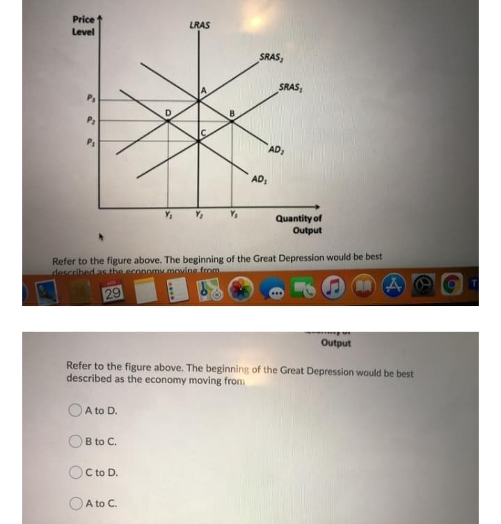Price
LRAS
Level
SRAS,
SRAS,
Ps
B
P2
AD;
AD,
Quantity of
Output
Refer to the figure above. The beginning of the Great Depression would be best
described as the economy moving from
29
Output
Refer to the figure above. The beginning of the Great Depression would be best
described as the economy moving from
A to D.
OB to C.
OCto D.
O A to C.
