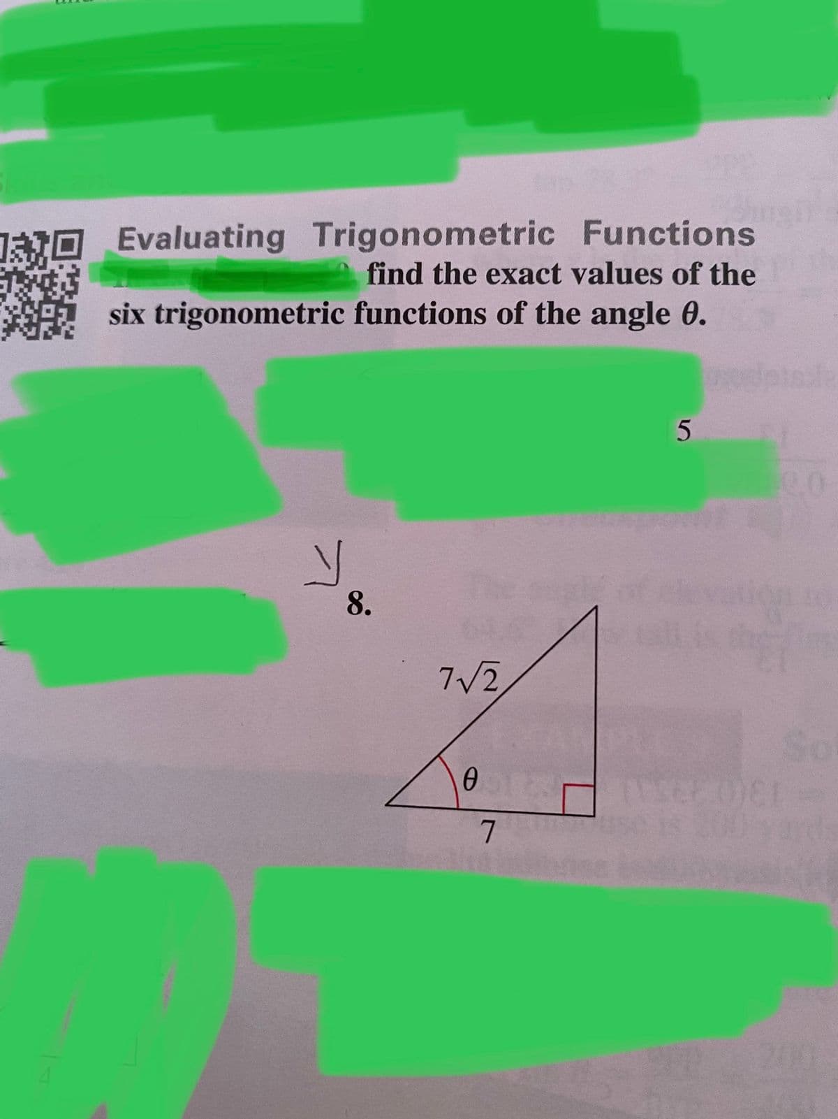 a0 Evaluating Trigonometric Functions
find the exact values of the
six trigonometric functions of the angle 0.
8.
7V2
200
