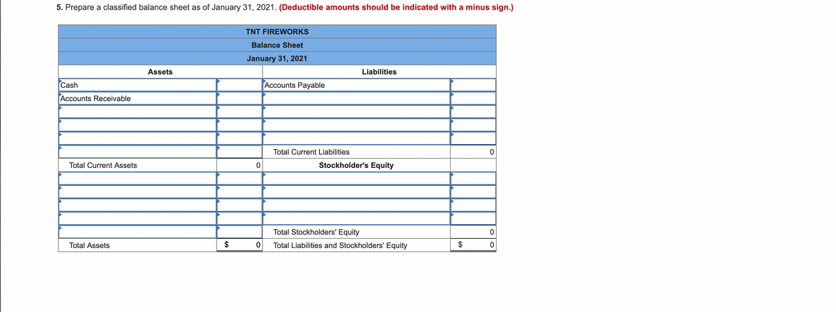 5. Prepare a classified balance sheet as of January 31, 2021. (Deductible amounts should be indicated with a minus sign.)
TNT FIREWORKS
Balance Sheet
January 31, 2021
Assets
Liabilities
Cash
Accounts Payable
Accounts Receivable
Total Current Liabilities
Total Current Assets
Stockholder's Equity
Total Stockholders' Equity
Total Assets
$
Total Liabilities and Stockholders' Equity
$
