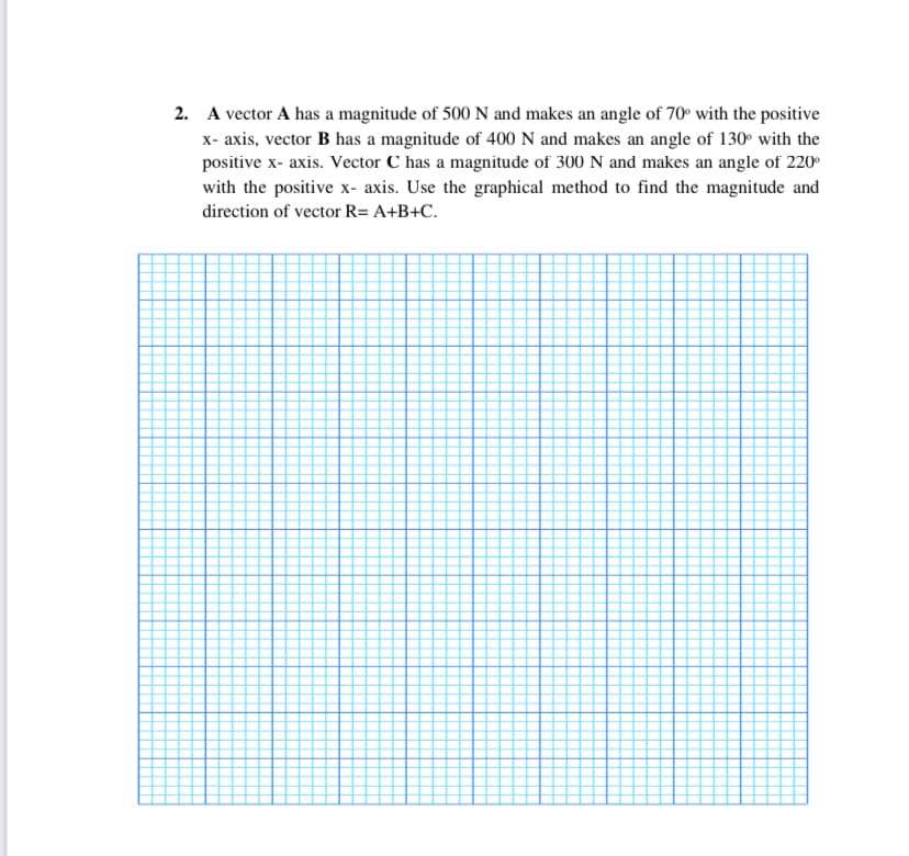 2. A vector A has a magnitude of 500 N and makes an angle of 70° with the positive
x- axis, vector B has a magnitude of 400 N and makes an angle of 130° with the
positive x- axis. Vector C has a magnitude of 300 N and makes an angle of 220
with the positive x- axis. Use the graphical method to find the magnitude and
direction of vector R= A+B+C.
