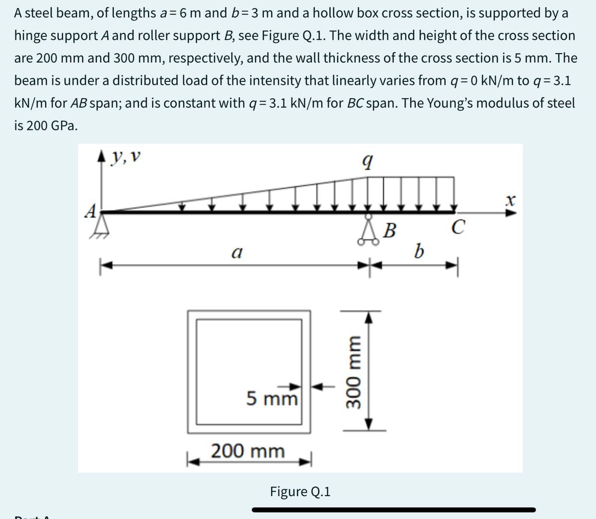 A steel beam, of lengths a = 6 m and b = 3 m and a hollow box cross section, is supported by a
hinge support A and roller support B, see Figure Q.1. The width and height of the cross section
are 200 mm and 300 mm, respectively, and the wall thickness of the cross section is 5 mm. The
beam is under a distributed load of the intensity that linearly varies from q=0 kN/m to q = 3.1
kN/m for AB span; and is constant with q = 3.1 kN/m for BC span. The Young's modulus of steel
is 200 GPa.
A
y, v
a
5 mm
200 mm
Figure Q.1
9
A B
300 mm
b
C
X