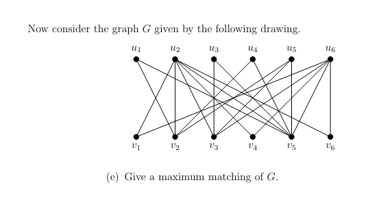 Now consider the graph G given by the following drawing.
U6
11
u2
Uz
us
15
V6
V5
V4
V3
01
ປາ
(e) Give a maximum matching of G.