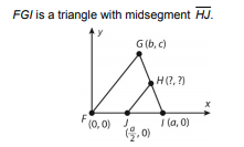 FGI is a triangle with midsegment HJ.
G (b, c)
H(?, ?)
F(0, 0)
I (a, 0)
(. 0)
