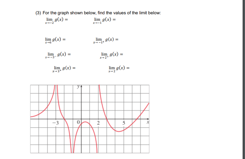 (3) For the graph shown below, find the values of the limit below:
lim g(x) =
lim g(x) =
x--2
x--1
lim g(x) =
X-6
lim_g(x) =
lim_ g(x) =
-3
lim_g(x) =
X→-1+
lim_ g(x) =
x-2+
2
lim g(x) =
x-2
5