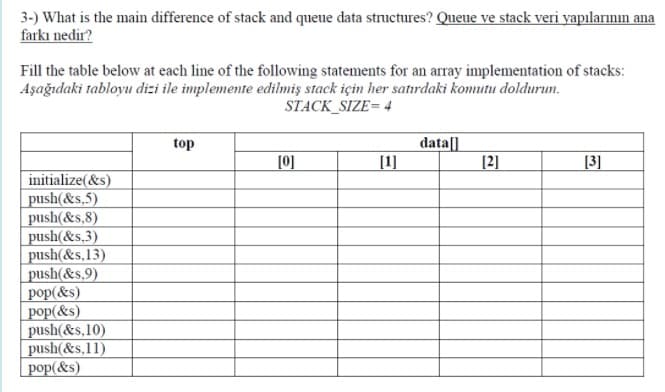 3-) What is the main difference of stack and queue data structures? Queue ve stack veri yapılarının ana
farkı nedir?
Fill the table below at each line of the following statements for an array implementation of stacks:
Aşağıdaki tabloyu dizi ile implemente edilmiş stack için her satırdaki komutu doldurun.
STACK_SIZE= 4
data[]
[1]
top
[0]
[2]
[3]
initialize(&s)
push(&s,5)
push(&s,8)
push(&s,3)
push(&s,13)
push(&s,9)
pop(&s)
pop(&s)
push(&s,10)
push(&s,11)
| pop(&s)
