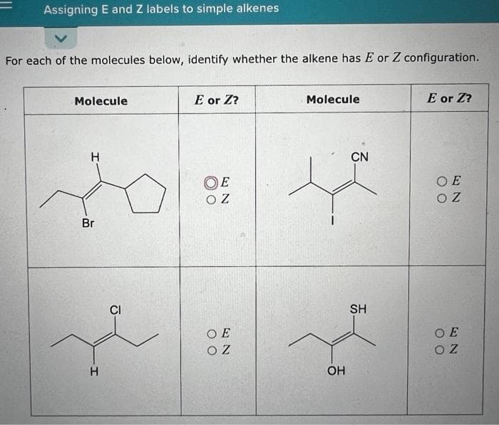 Assigning E and Z labels to simple alkenes
For each of the molecules below, identify whether the alkene has E or Z configuration.
Molecule
H
to
Br
H
CI
E or Z?
OE
ΟΖ
ΟΕ
ΟΖ
Molecule
OH
CN
SH
E or Z?
OE
OZ
OE
ΟΖ