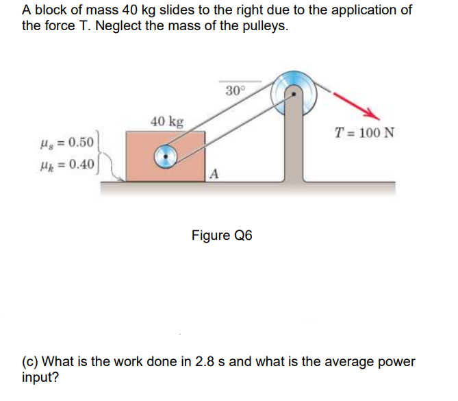 A block of mass 40 kg slides to the right due to the application of
the force T. Neglect the mass of the pulleys.
30°
40 kg
T = 100 N
H = 0.50
Hp = 0.40
A
Figure Q6
(c) What is the work done in 2.8 s and what is the average power
input?
