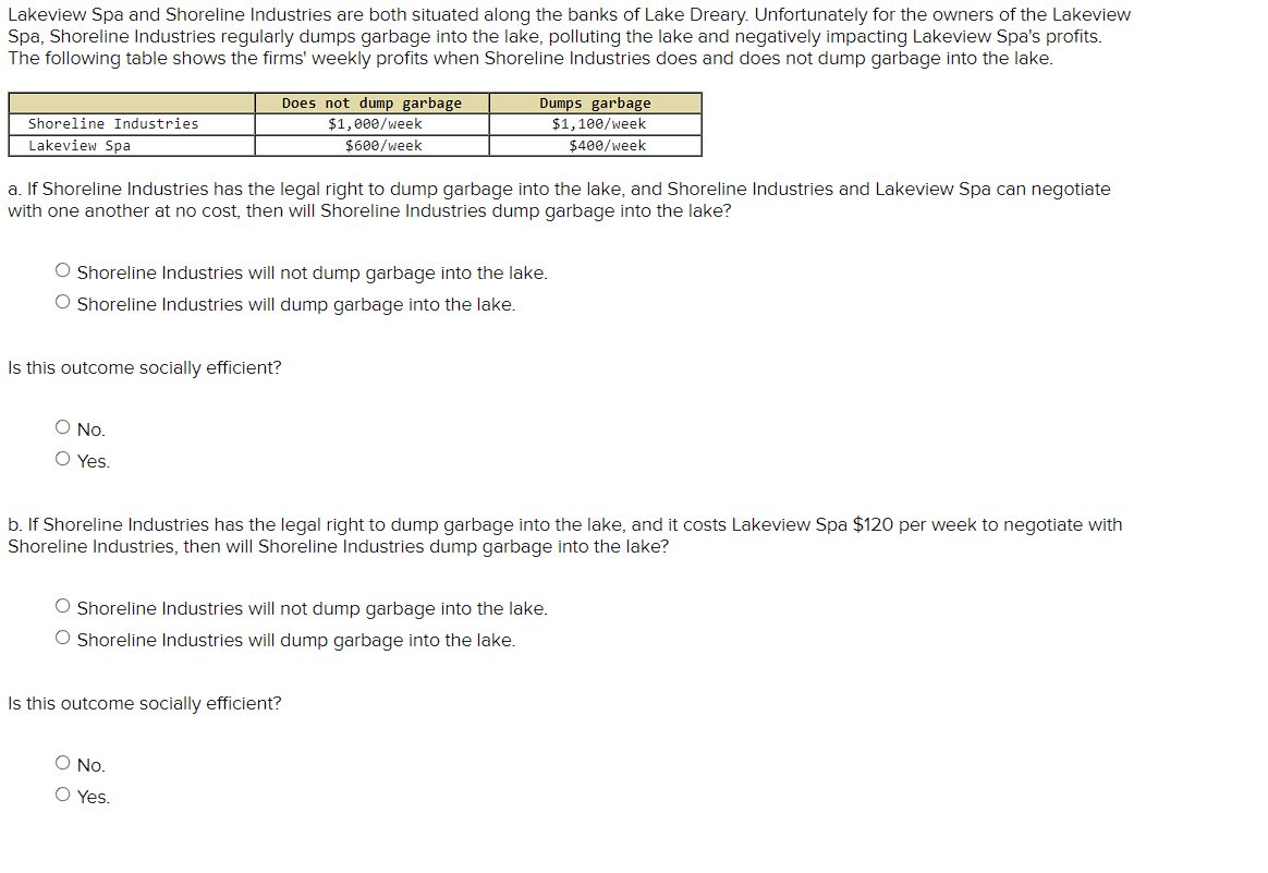 Lakeview Spa and Shoreline Industries are both situated along the banks of Lake Dreary. Unfortunately for the owners of the Lakeview
Spa, Shoreline Industries regularly dumps garbage into the lake, polluting the lake and negatively impacting Lakeview Spa's profits.
The following table shows the firms' weekly profits when Shoreline Industries does and does not dump garbage into the lake.
Does not dump garbage
Dumps garbage
$1,100/week
$400/week
Shoreline Industries
$1,000/week
Lakeview Spa
$600/week
a. If Shoreline Industries has the legal right to dump garbage into the lake, and Shoreline Industries and Lakeview Spa can negotiate
with one another at no cost, then will Shoreline Industries dump garbage into the lake?
O Shoreline Industries will not dump garbage into the lake.
O Shoreline Industries will dump garbage into the lake.
Is this outcome socially efficient?
O No.
O Yes.
b. If Shoreline Industries has the legal right to dump garbage into the lake, and it costs Lakeview Spa $120 per week to negotiate with
Shoreline Industries, then will Shoreline Industries dump garbage into the lake?
O Shoreline Industries will not dump garbage into the lake.
O Shoreline Industries will dump garbage into the lake.
Is this outcome socially efficient?
O No.
O Yes.

