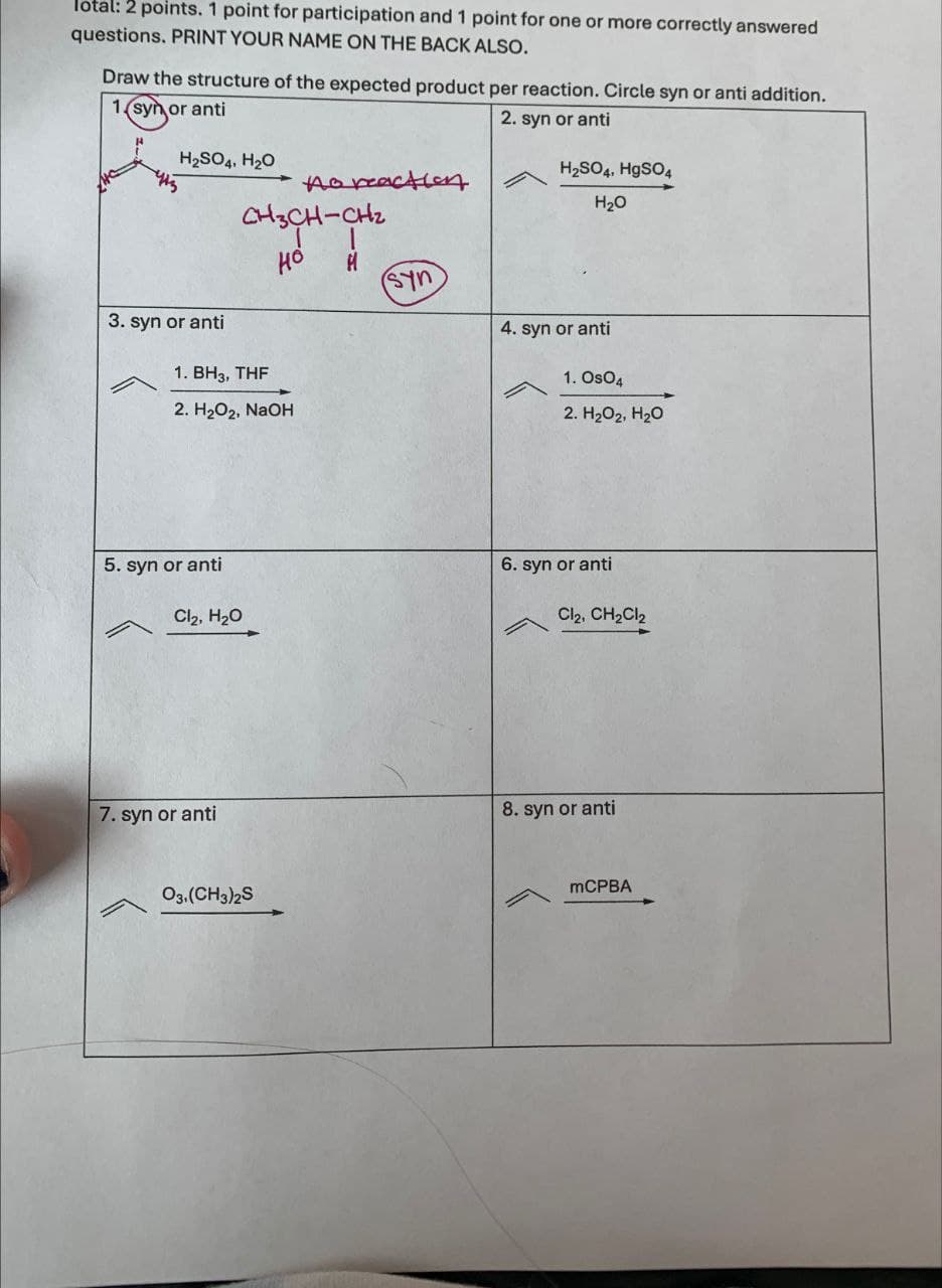 Total: 2 points. 1 point for participation and 1 point for one or more correctly answered
questions. PRINT YOUR NAME ON THE BACK ALSO.
Draw the structure of the expected product per reaction. Circle syn or anti addition.
1. syn or anti
2. syn or anti
H2SO4, H₂O
no reaction
CH3CH-CH2
H2SO4, HgSO4
H₂O
но
M
syn
4. syn or anti
3. syn or anti
1. BH3, THF
2. H2O2, NaOH
1. OsO4
2. H₂O₂, H₂O
5. syn or anti
Cl₂, H₂O
6. syn or anti
Cl2, CH2Cl2
7. syn or anti
03. (CH3)2S
8. syn or anti
MCPBA