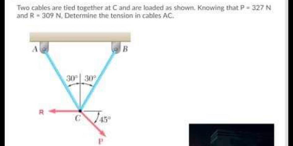 Two cables are tied together at C and are loaded as shown. Knowing that P 327 N
and R- 309 N, Determine the tension in cables AC.
B
30 30

