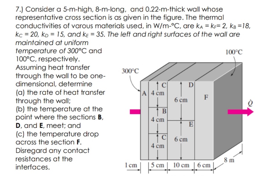 7.) Consider a 5-m-high, 8-m-long, and 0.22-m-thick wall whose
representative cross section is as given in the figure. The thermal
conductivities of varous materials used, in W/m-°C, are kA = KF= 2, kB =18,
kc = 20, kp = 15, and kɛ = 35. The left and right surfaces of the wall are
maintained at uniform
temperature of 300°C and
100°C, respectively.
Assuming heat transfer
through the wall to be one-
dimensional, determine
(a) the rate of heat transfer
through the wall;
(b) the temperature at the
point where the sections B,
D, and E, meet; and
100°C
300°C
D
A 4 cm
F
6 cm
B
4 cm
E
(c) the temperature drop
across the section F.
1C 6 cm
4 cm
Disregard any contact
resistances at the
interfaces.
8 m
|S em ||
1 cm
10 cm
|6 cm
