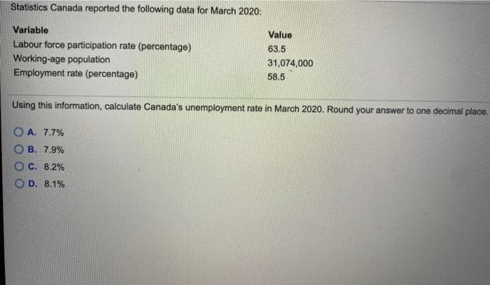 Statistics Canada reported the following data for March 2020:
Variable
Value
Labour force participation rate (percentage)
Working-age population
Employment rate (percentage)
63.5
31,074,000
58.5
Using this information, calculate Canada's unemployment rate in March 2020. Round your answer to one decimal place.
O A. 7.7%
O B. 7.9%
O C. 8.2%
O D. 8.1%
