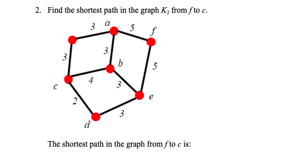 2. Find the shortest path in the graph K, from f to c.
за
5
3
b
5
3
3
d
The shortest path in the graph from f to c is:
3,
3.
2.
