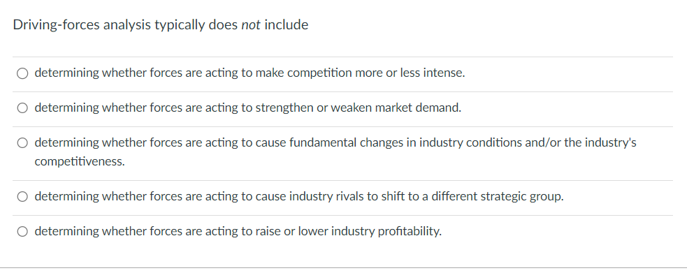 Driving-forces analysis typically does not include
determining whether forces are acting to make competition more or less intense.
O determining whether forces are acting to strengthen or weaken market demand.
○ determining whether forces are acting to cause fundamental changes in industry conditions and/or the industry's
competitiveness.
○ determining whether forces are acting to cause industry rivals to shift to a different strategic group.
○ determining whether forces are acting to raise or lower industry profitability.