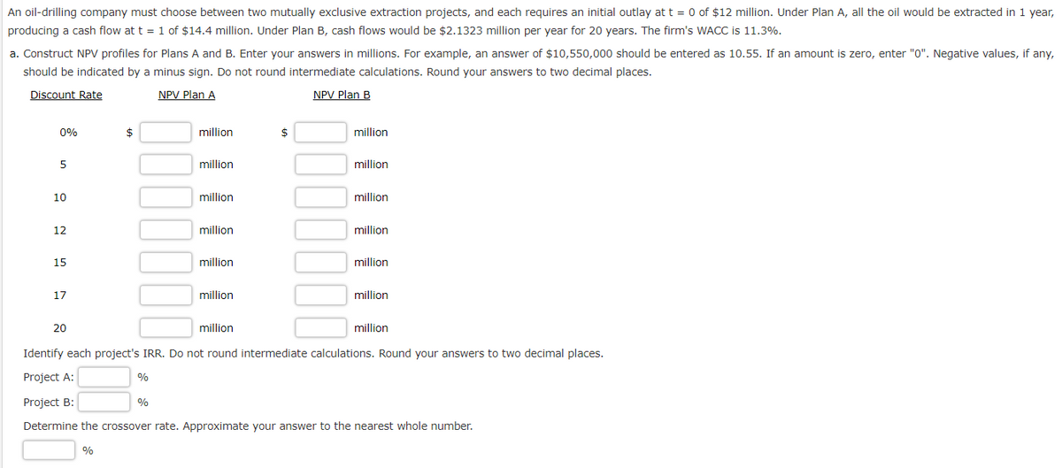 An oil-drilling company must choose between two mutually exclusive extraction projects, and each requires an initial outlay at t = 0 of $12 million. Under Plan A, all the oil would be extracted in 1 year,
producing a cash flow at t = 1 of $14.4 million. Under Plan B, cash flows would be $2.1323 million per year for 20 years. The firm's WACC is 11.3%.
a. Construct NPV profiles for Plans A and B. Enter your answers in millions. For example, an answer of $10,550,000 should be entered as 10.55. If an amount is zero, enter "0". Negative values, if any,
should be indicated by a minus sign. Do not round intermediate calculations. Round your answers to two decimal places.
Discount Rate
NPV Plan A
NPV Plan B
0%
5
10
12
15
17
20
$
%
million
%
million
million
million
million
million
$
million
million
million
million
million
million
million
Identify each project's IRR. Do not round intermediate calculations. Round your answers to two decimal places.
Project A:
Project B:
Determine the crossover rate. Approximate your answer to the nearest whole number.
%
million