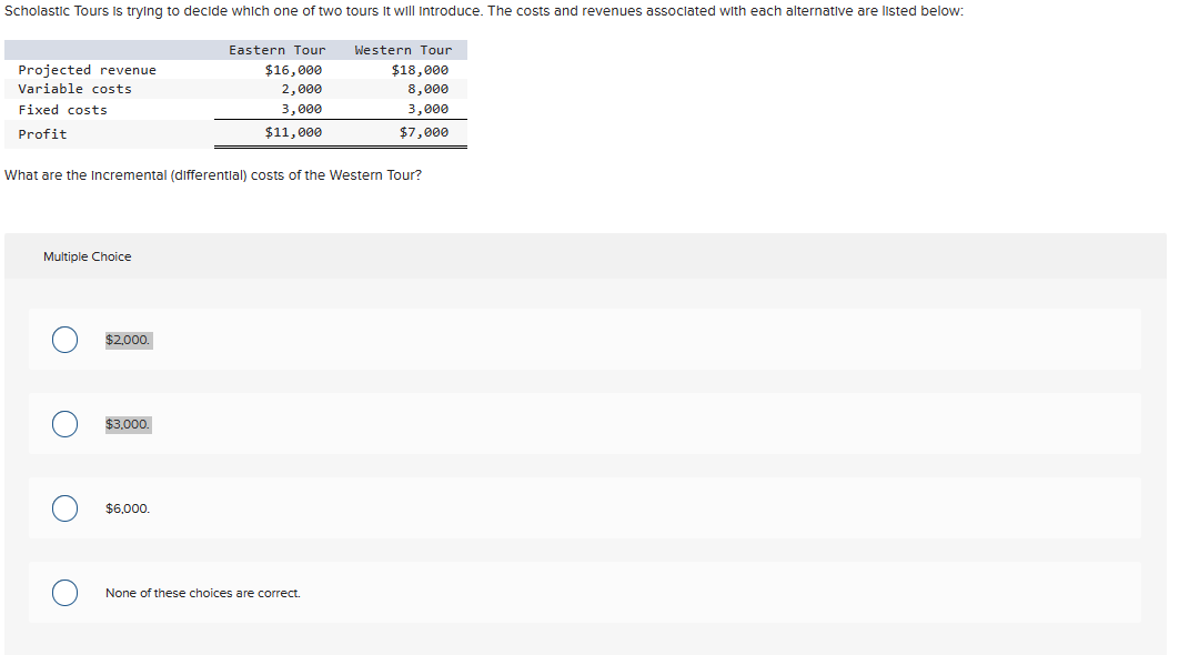 Scholastic Tours is trying to decide which one of two tours It will introduce. The costs and revenues associated with each alternative are listed below:
Projected revenue
Variable costs
Fixed costs
Profit
Multiple Choice
What are the incremental (differential) costs of the Western Tour?
$2,000.
$3,000.
Eastern Tour
$16,000
2,000
3,000
$11,000
$6.000.
Western Tour
$18,000
8,000
3,000
$7,000
None of these choices are correct.