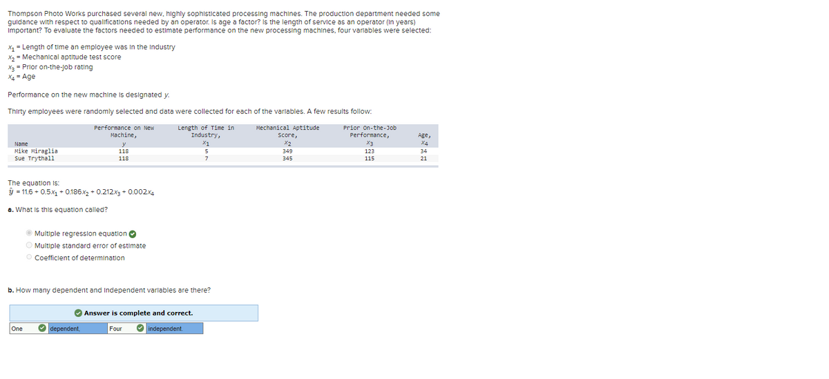Thompson Photo Works purchased several new, highly sophisticated processing machines. The production department needed some
guidance with respect to qualifications needed by an operator. Is age a factor? Is the length of service as an operator (In years)
Important? To evaluate the factors needed to estimate performance on the new processing machines, four variables were selected:
X₁ = Length of time an employee was in the Industry
x₂ = Mechanical aptitude test score
x3 = Prior on-the-job rating
X4 = Age
Performance on the new machine is designated y.
Thirty employees were randomly selected and data were collected for each of the variables. A few results follow:
Mechanical Aptitude
Length of Time in
Industry,
X1
5
7
Name
Mike Miraglia
Sue Trythall
The equation is:
y = 11.6 +0.5x₁ + 0.186x2 + 0.212x3 + 0.002x4
a. What is this equation called?
Performance on New
Machine,
y
118
118
One
Ⓒ Multiple regression equation
O Multiple standard error of estimate
O Coefficient of determination
b. How many dependent and Independent variables are there?
✓ Answer is complete and correct.
Four ✔ independent.
✓dependent,
Score,
X2
349
345
Prior On-the-Job
Performance,
X3
123
115
Age,
X4
34
21