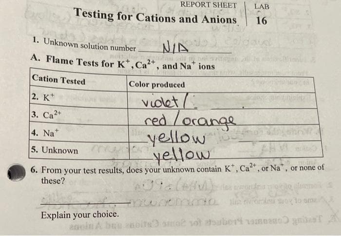 REPORT SHEET
LAB
Testing for Cations and Anions
16
1. Unknown solution number
NIA
A. Flame Tests for K*,Ca*, and Na" ions
Cation Tested
Color produced
2. K*
violet/
red /ocange
yellow
yellow
|3. Са2+
4. Na*
5. Unknown
6. From your test results, does your unknown contain K*, Ca*, or Na", or none of
these?
ma ordeu woyto smz
Explain your choice.
20oin A buo
bite ama sot aberi vamnego gnesT
