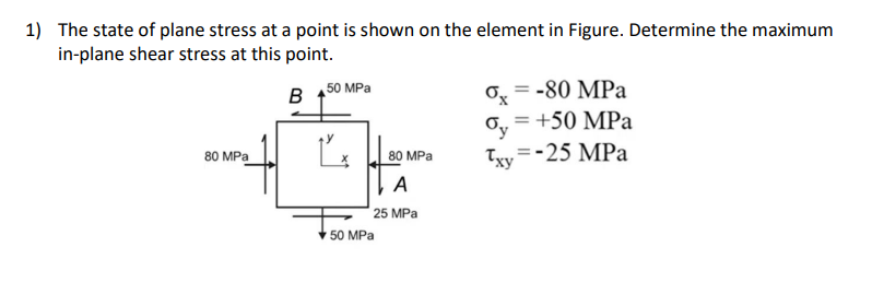 1) The state of plane stress at a point is shown on the element in Figure. Determine the maximum
in-plane shear stress at this point.
B
50 MPa
ox
Ox= -80 MPa
= +50 MPa
Oy
Txy = -25 MPa
80 MPa
80 MPa
A
25 MPa
Ľ
50 MPa