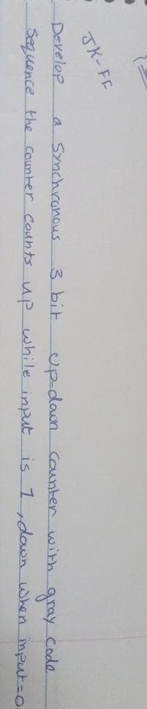 JK-FE
Develop
a Synchronous
3 bit
up-daun ounter with
code
Sequence the Counter Counts up while input is 1,down when imput=D0
gray

