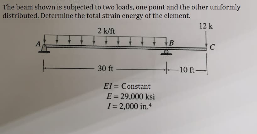 The beam shown is subjected to two loads, one point and the other uniformly
distributed. Determine the total strain energy of the element.
2 k/ft
A
30 ft
El
Constant
E = 29,000 ksi
I = 2,000 in.4
=
B
12 k
10 ft-
C