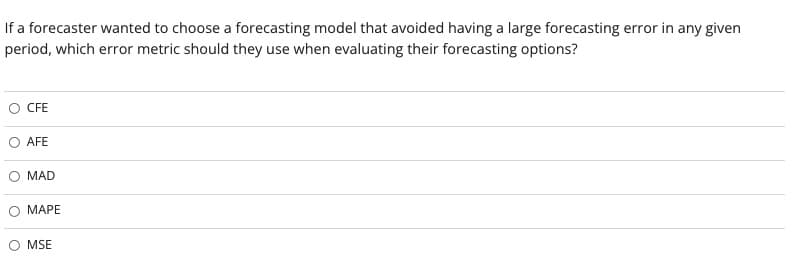 If a forecaster wanted to choose a forecasting model that avoided having a large forecasting error in any given
period, which error metric should they use when evaluating their forecasting options?
CFE
O AFE
MAD
MAPE
O MSE
