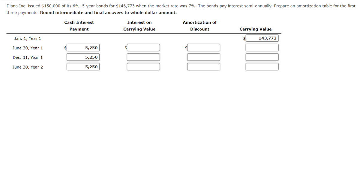 Diana Inc. issued $150,000 of its 6%, 5-year bonds for $143,773 when the market rate was 7%. The bonds pay interest semi-annually. Prepare an amortization table for the first
three payments. Round intermediate and final answers to whole dollar amount.
Cash Interest
Payment
Jan. 1, Year 1
June 30, Year 1
Dec. 31, Year 1
June 30, Year 2
$
5,250
5,250
5,250
Interest on
Carrying Value
$
Amortization of
Discount
Carrying Value
143,773