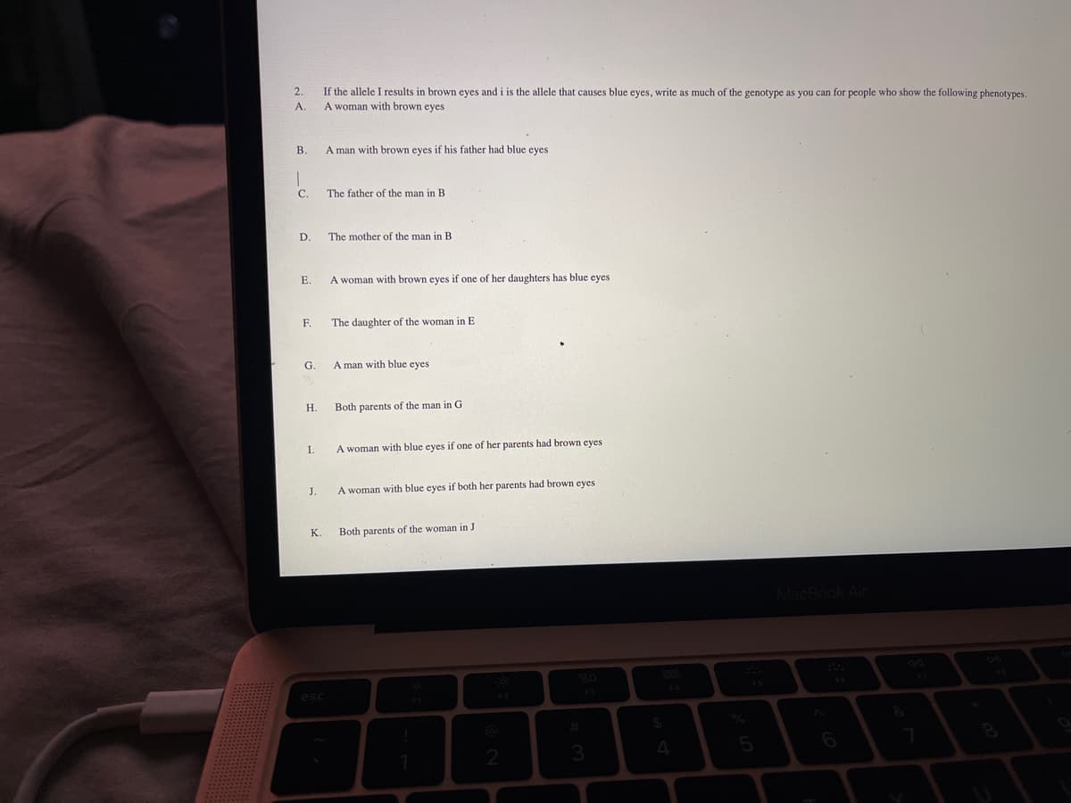 2.
A.
B.
C.
D.
E.
F.
G.
H.
I.
J.
K.
If the allele I results in brown eyes and i is the allele that causes blue eyes, write as much of the genotype as you can for people who show the following phenotypes.
A woman with brown eyes
esc
A man with brown eyes if his father had blue eyes
The father of the man in B
The mother of the man in B
A woman with brown eyes if one of her daughters has blue eyes
The daughter of the woman in E
A man with blue eyes
Both parents of the man in G
A woman with blue eyes if one of her parents had brown eyes
A woman with blue eyes if both her parents had brown eyes
Both parents of the woman in J
!
2
3
999
5
MacBook Air
8