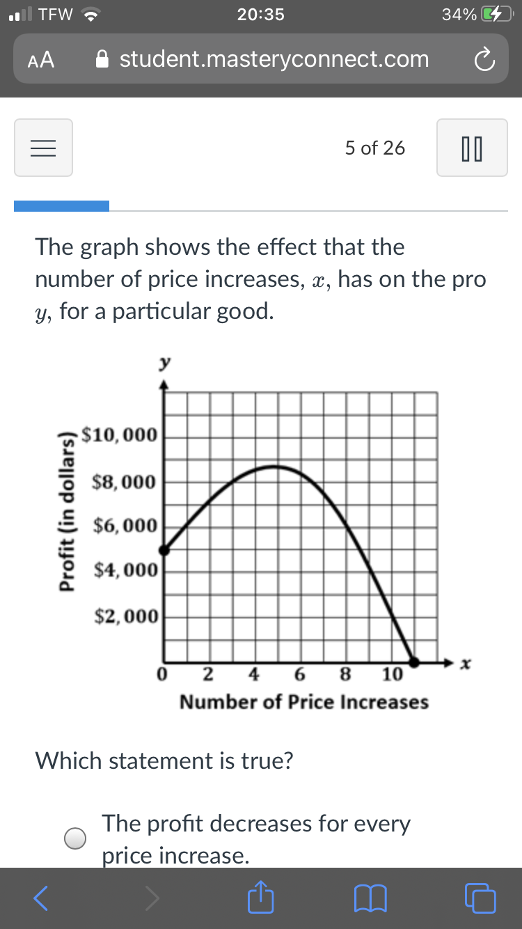 TEW ?
20:35
34%
AA
A student.masteryconnect.com
5 of 26
The graph shows the effect that the
number of price increases,
has on the pro
y, for a particular good.
y
$10,000
$8,000
$6,000
$4,000
$2,000
O 2 4 6 8 10
Number of Price Increases
Which statement is true?
The profit decreases for every
price increase.
Profit (in dollars)
