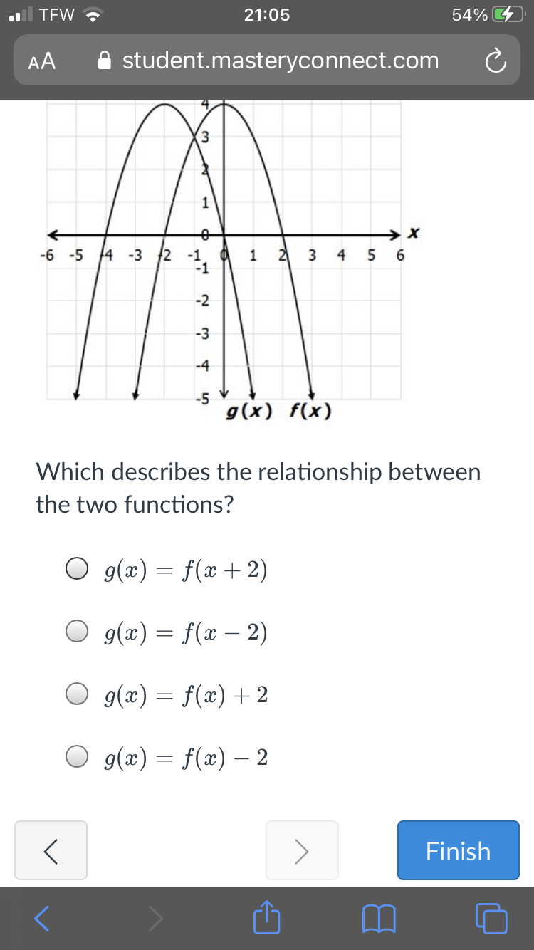 TEW ?
21:05
54%
AA
A student.masteryconnect.com
1
-6 -5
14 -3 2 -1
1
2
3
4 5 6
-2
-3
-4
-5
g(x) f(x)
Which describes the relationship between
the two functions?
O g(æ) = f(x + 2)
O g(æ) = f(x – 2)
O g(x) = f(x) + 2
O g(x) = f(x) –- 2
Finish
