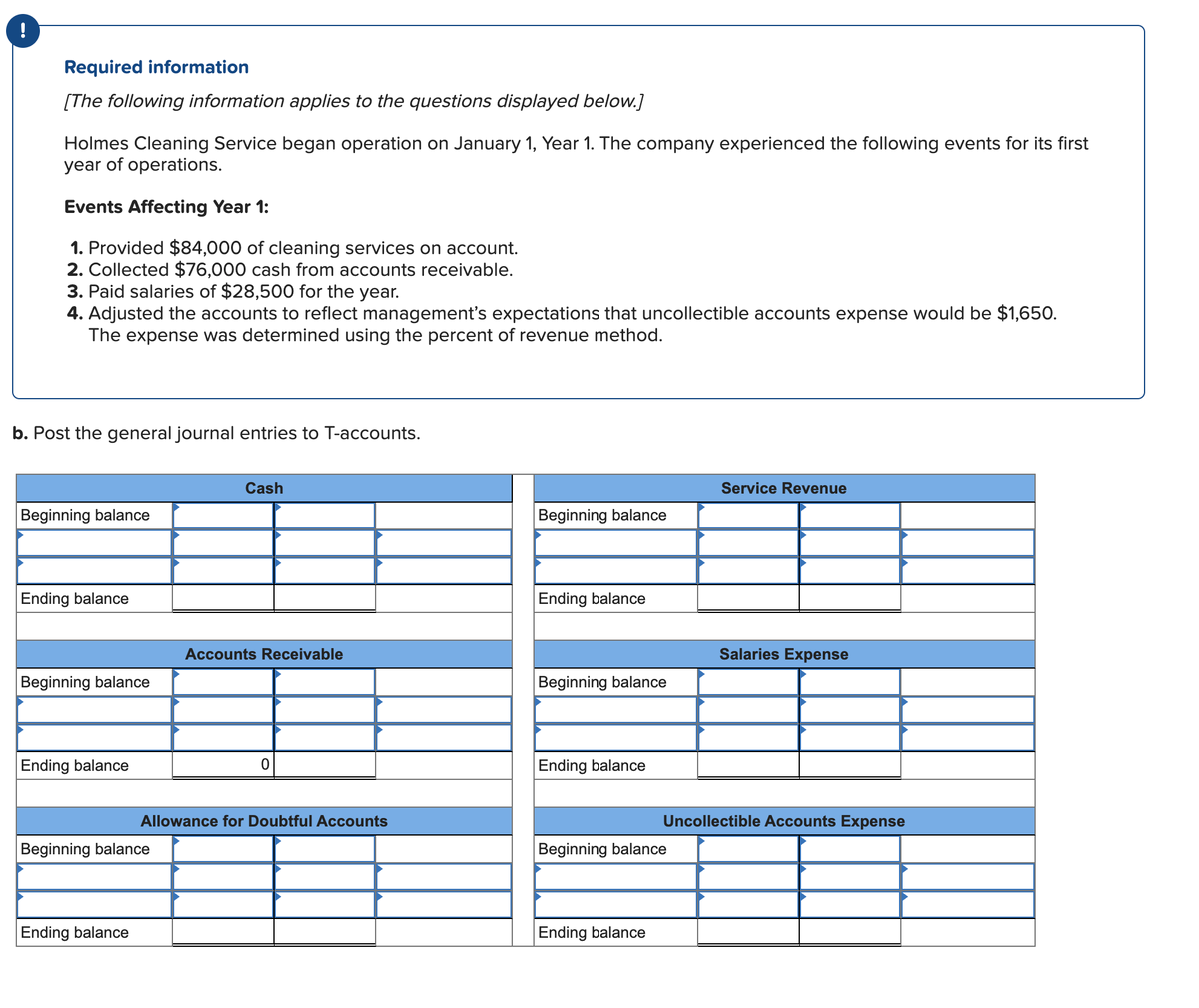 Required information
[The following information applies to the questions displayed below.]
Holmes Cleaning Service began operation on January 1, Year 1. The company experienced the following events for its first
year of operations.
Events Affecting Year 1:
1. Provided $84,000 of cleaning services on account.
2. Collected $76,000 cash from accounts receivable.
3. Paid salaries of $28,500 for the year.
4. Adjusted the accounts to reflect management's expectations that uncollectible accounts expense would be $1,650.
The expense was determined using the percent of revenue method.
b. Post the general journal entries to T-accounts.
Cash
Service Revenue
Beginning balance
Beginning balance
Ending balance
Ending balance
Accounts Receivable
Salaries Expense
Beginning balance
Beginning balance
Ending balance
Ending balance
Allowance for Doubtful Accounts
Uncollectible Accounts Expense
Beginning balance
Beginning balance
Ending balance
Ending balance
