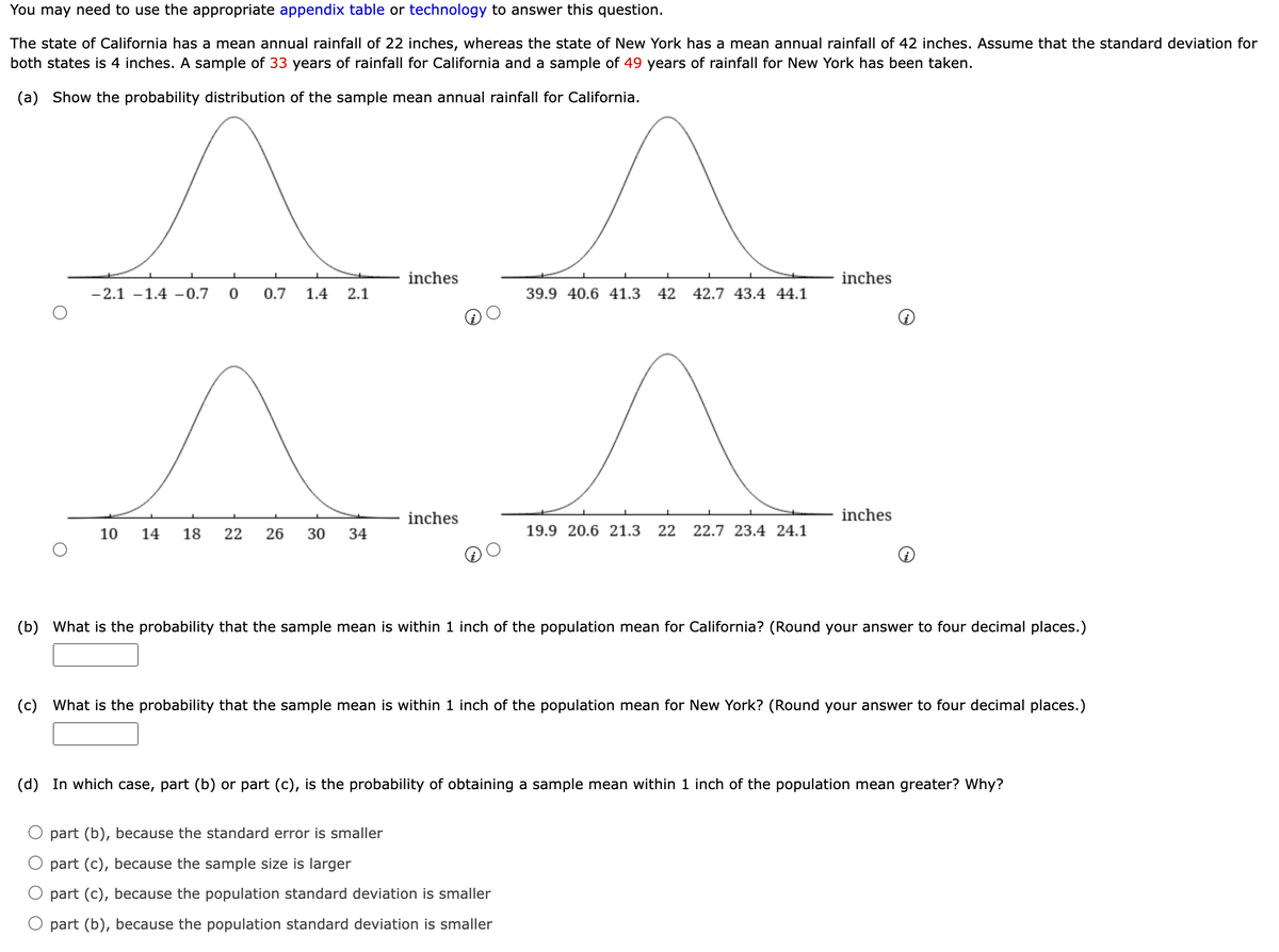 You may need to use the appropriate appendix table or technology to answer this question.
The state of California has a mean annual rainfall of 22 inches, whereas the state of New York has a mean annual rainfall of 42 inches. Assume that the standard deviation for
both states is 4 inches. A sample of 33 years of rainfall for California and a sample of 49 years of rainfall for New York has been taken.
(a) Show the probability distribution of the sample mean annual rainfall for California.
inches
inches
-2.1 -1.4 -0.7
0.7
1.4
2.1
39.9 40.6 41.3
42
42.7 43.4 44.1
inches
inches
10
14
18
22
26
30
34
19.9 20.6 21.3
22
22.7 23.4 24.1
(b) What is the probability that the sample mean is within 1 inch of the population mean for California? (Round your answer to four decimal places.)
(c)
What is the probability that the sample mean is within 1 inch of the population mean for New York? (Round your answer to four decimal places.)
(d) In which case, part (b) or part (c), is the probability of obtaining a sample mean within 1 inch of the population mean greater? Why?
part (b), because the standard error is smaller
part (c), because the sample size is larger
part (c), because the population standard deviation is smaller
part (b), because the population standard deviation is smaller
