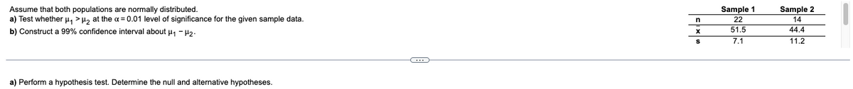 Sample 1
Sample 2
Assume that both populations are normally distributed.
a) Test whether u, >H, at the a = 0.01 level of significance for the given sample data.
b) Construct a 99% confidence interval about u, - H2.
22
14
51.5
44.4
7.1
11.2
a) Perform a hypothesis test. Determine the null and alternative hypotheses.
